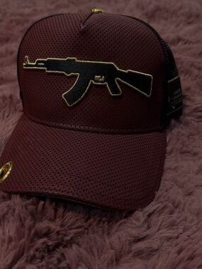 Maroon Mesh Trucker Hat with Black & Gold Rifle Patch